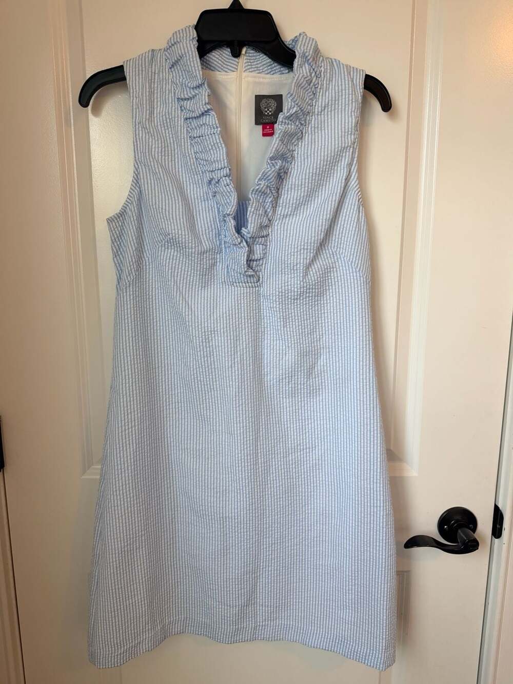 Vince Camuto Sky Blue and White Striped Seersucker Ruffle Neck Sleeveless Dress